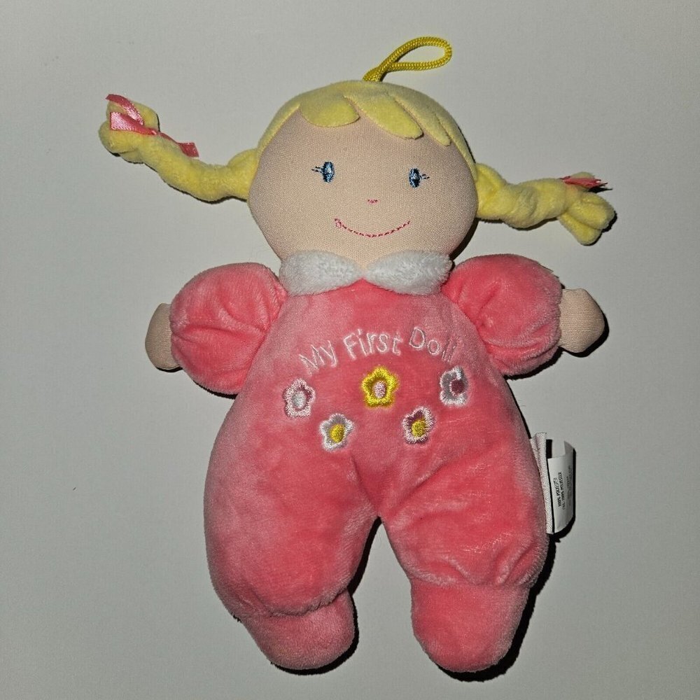 Stephan Baby Pink My First Doll Plush Lovey Rattle 8" Toy Blond Hair Blue Eyes